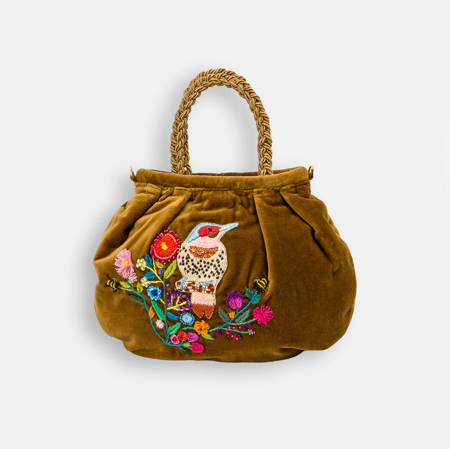 Bolso Bordado en terciopelo y algodón, pájaro bordado. Color Camel.