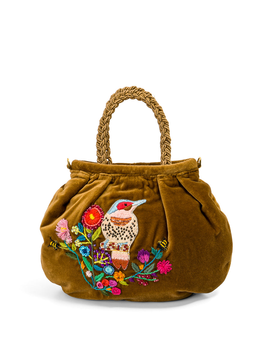 Bolso Bordado en terciopelo y algodón, pájaro Color Camel